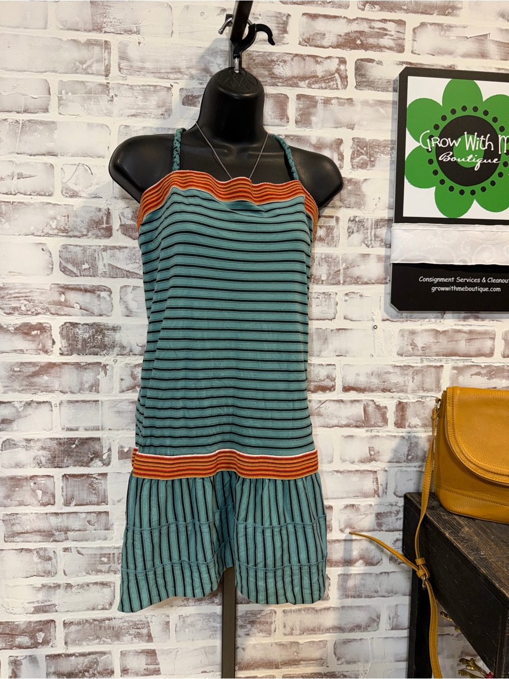 Free people Striped Teal Romper with Rust Accent